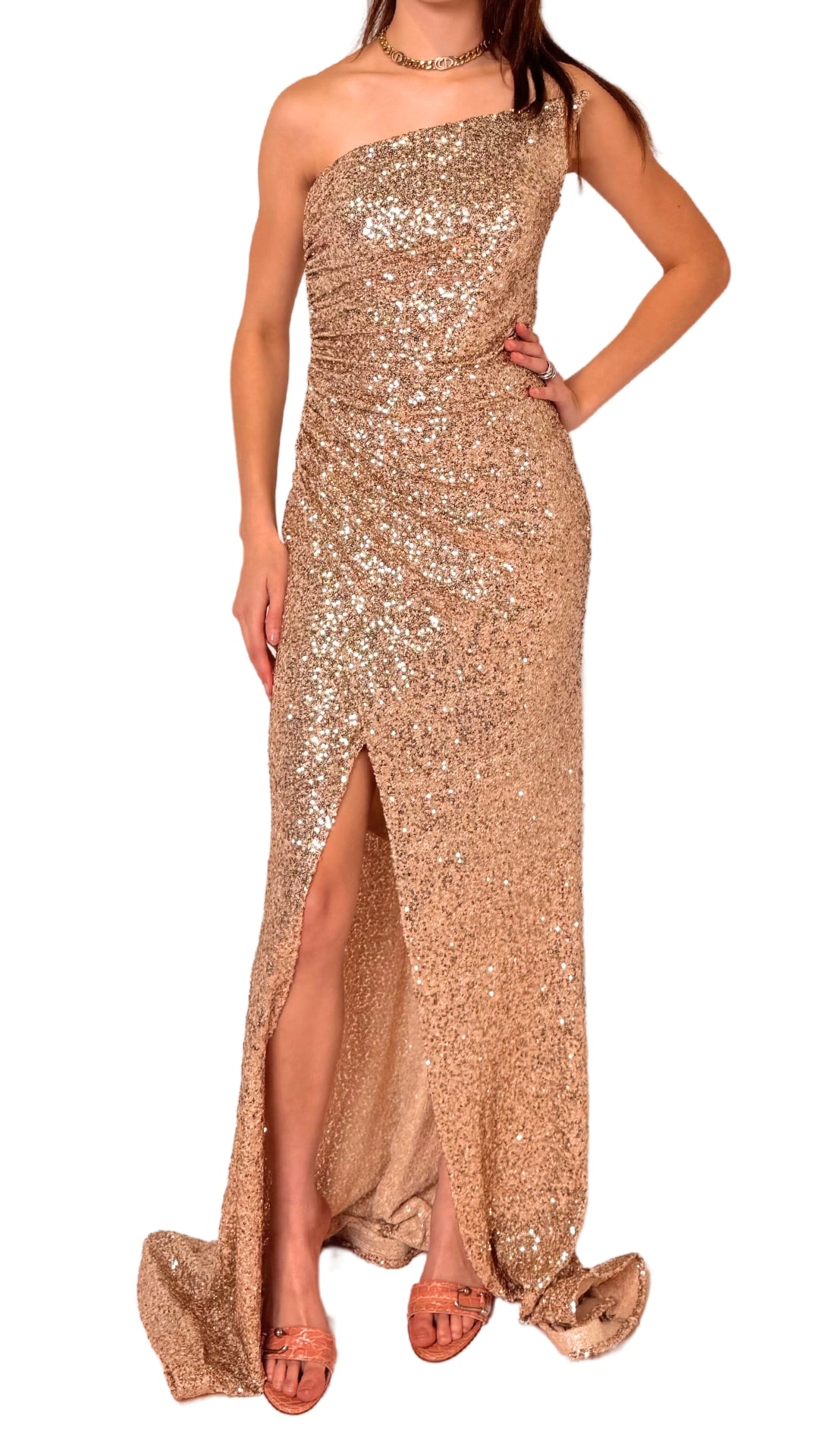 Gold Sequin Asymmetric Bustier Cocktail Prom Dress