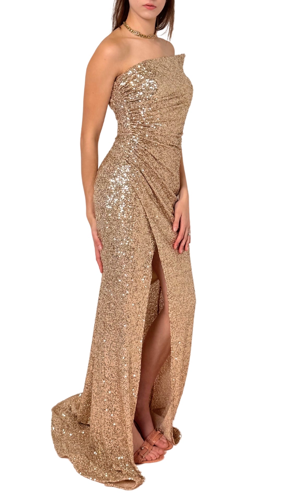 Gold Sequin Asymmetric Bustier Cocktail Prom Dress