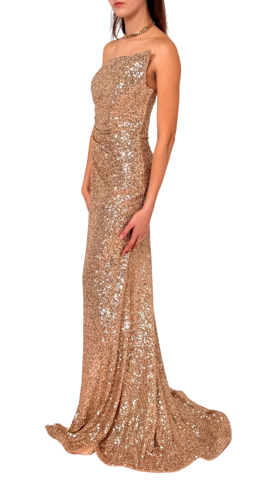 Gold Sequin Asymmetric Bustier Cocktail Prom Dress