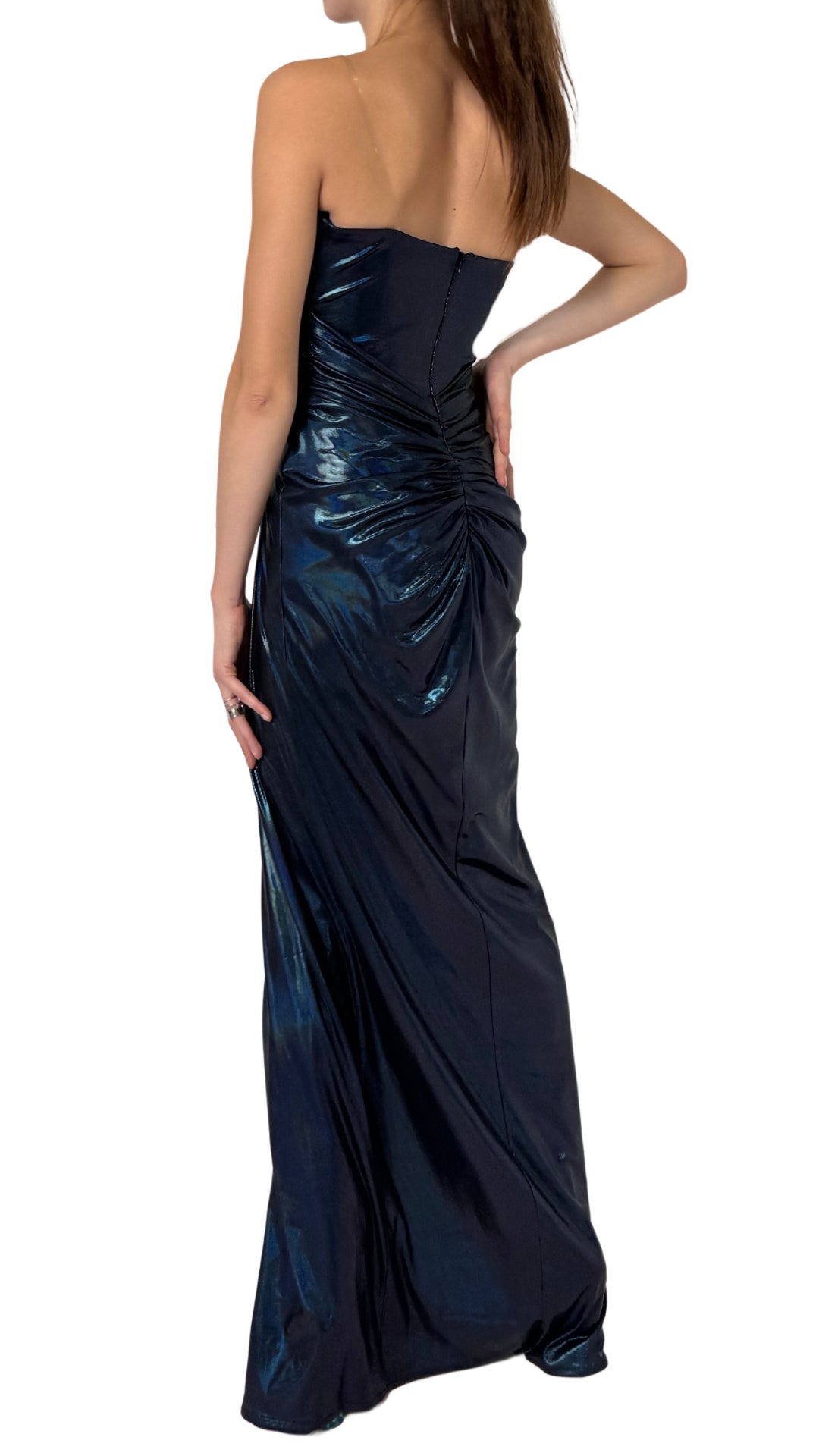 Robe de soirée cocktail bleu métallisé