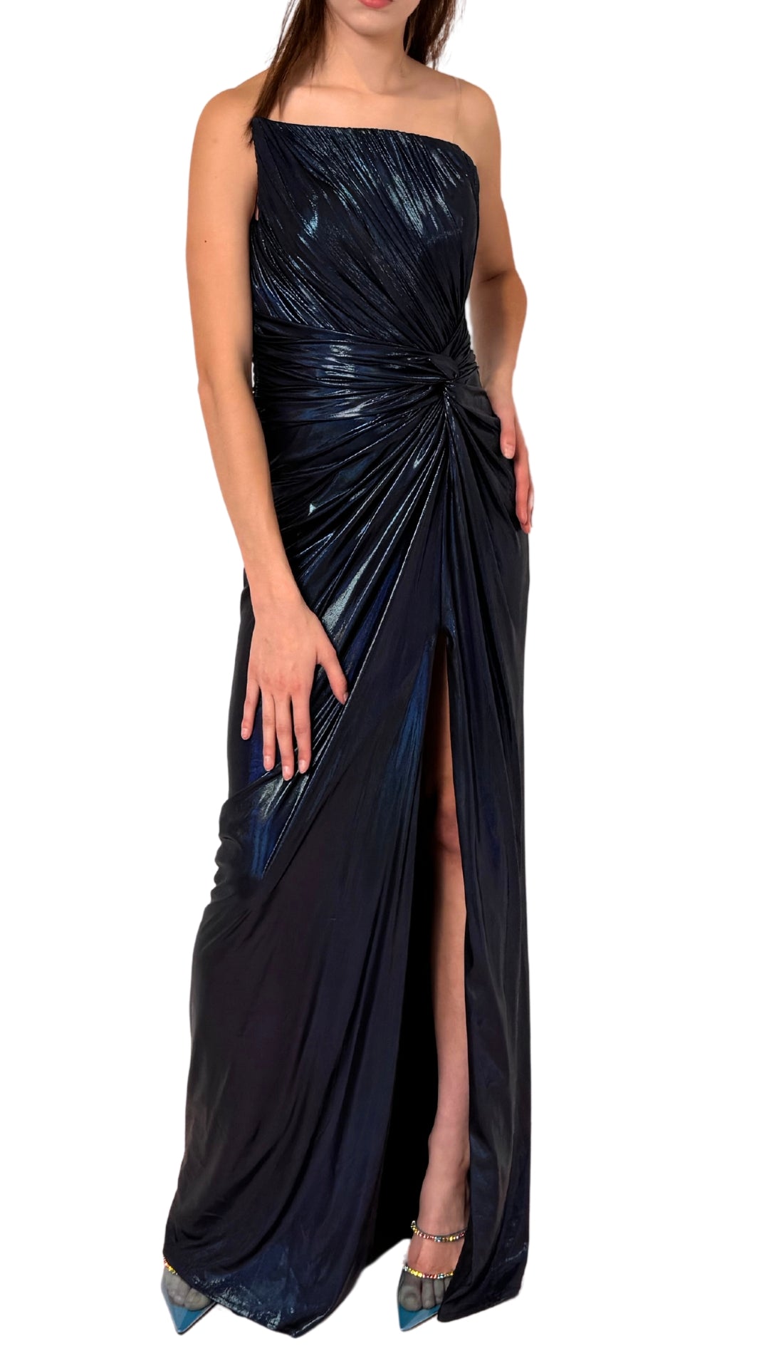 Robe de soirée cocktail bleu métallisé