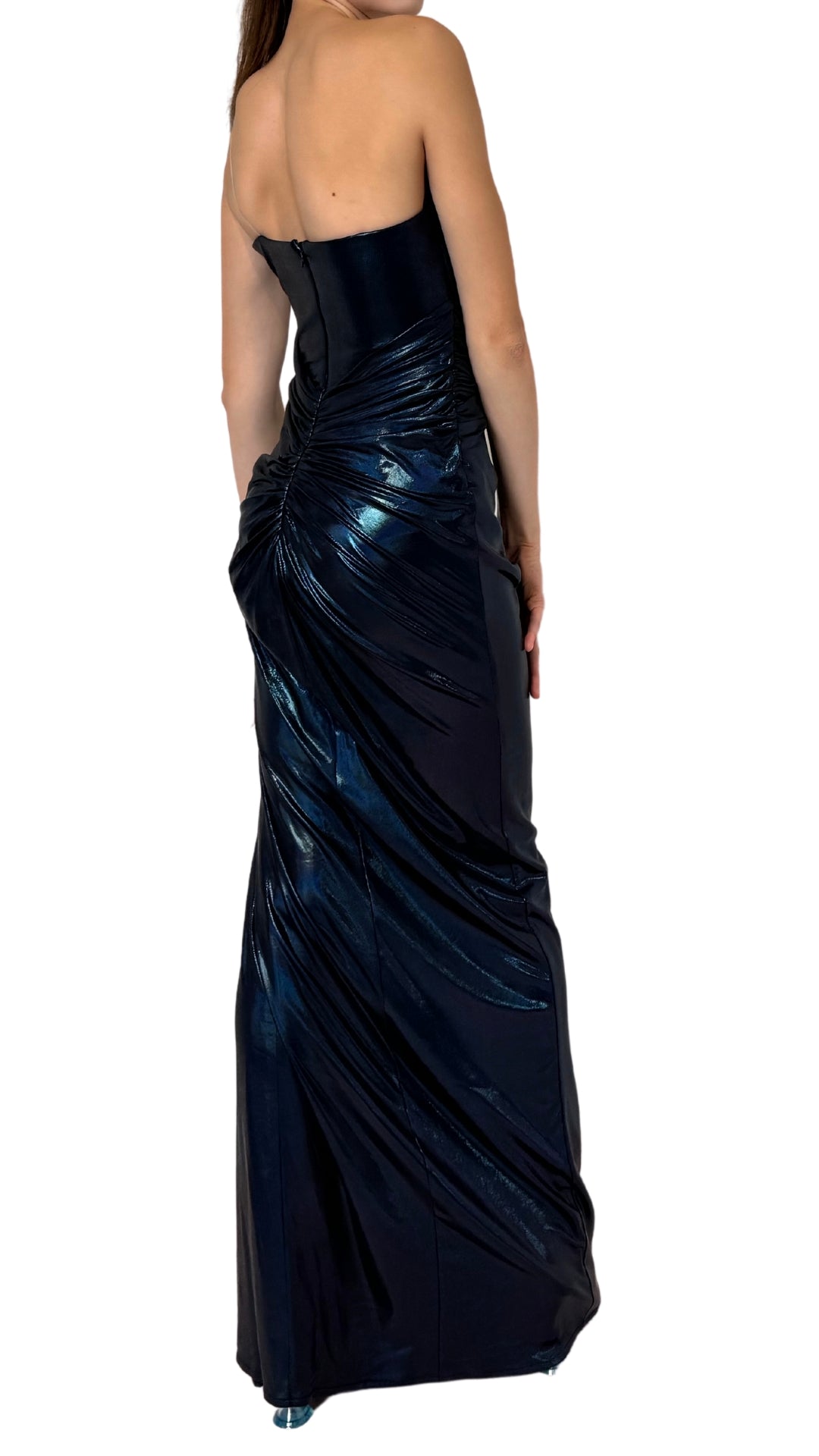 Robe de soirée cocktail bleu métallisé