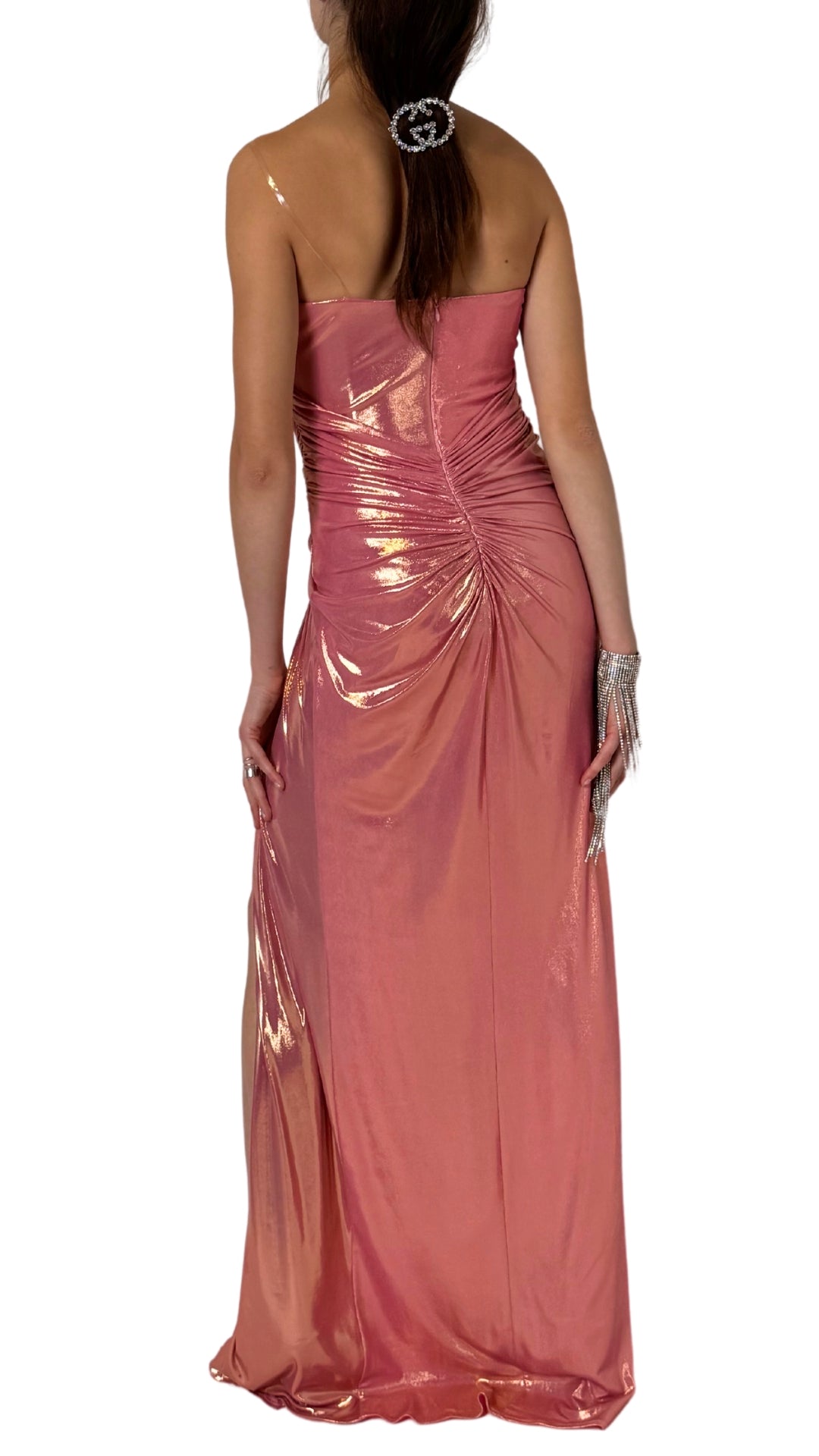 Robe de soirée cocktail rose métallisée