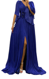 Elegant Chiffon Evening Dress Gown with Floral Brooch