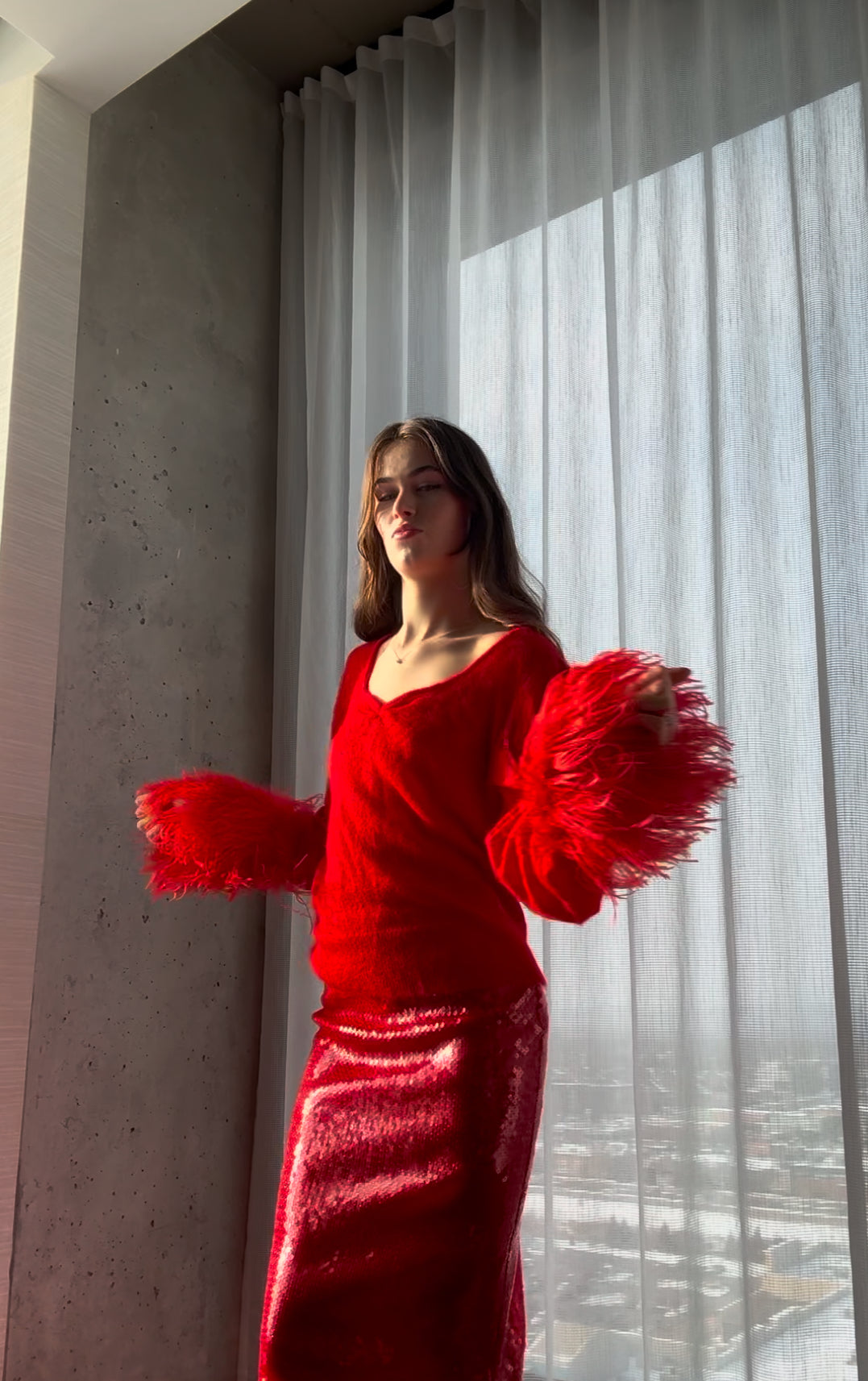 Red Feather Cuff Mohair Sweater