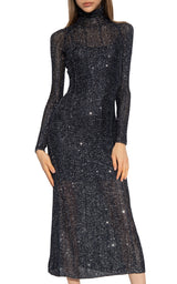 Navy Blue Sequin Knit High-Neck Dress Alaïa