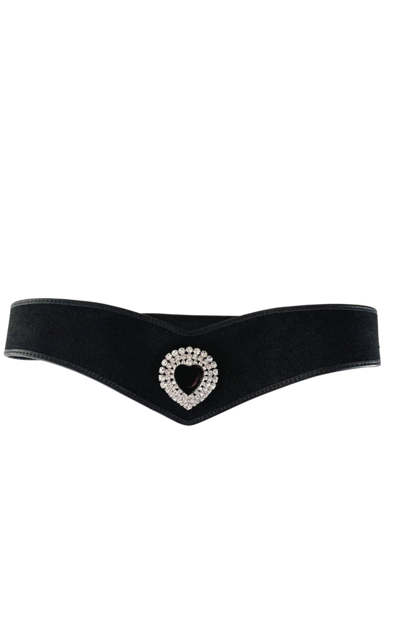 Black Leather and Velvet Crystal Heart Belt Alessandra Rich