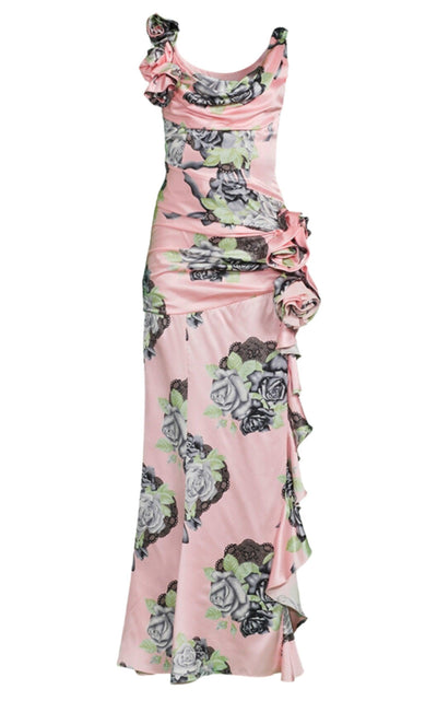 Alessandra Rich Silk Satin Evening Dress In Rose Print - Runway Catalog