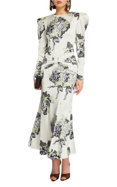 Silk Satin Rose Print Midi Dress Alessandra Rich