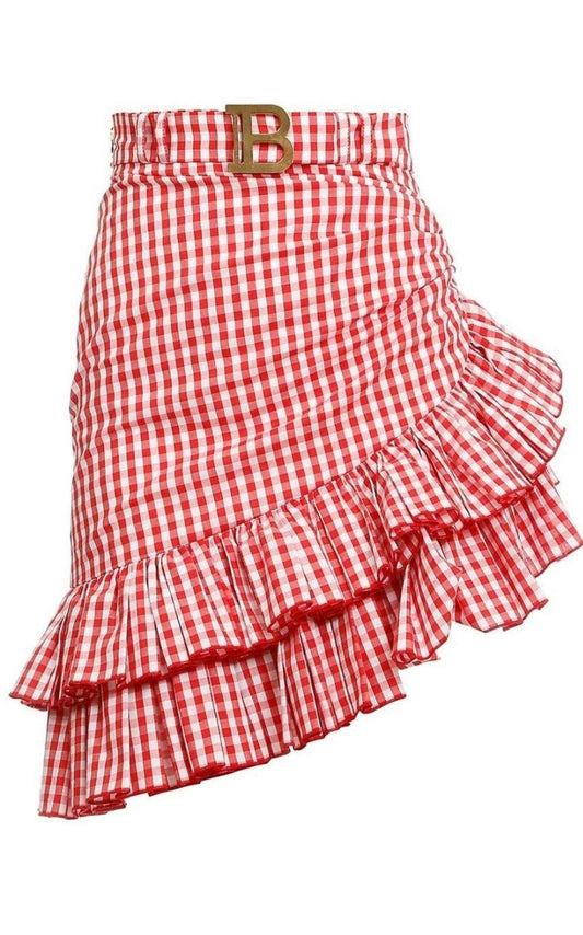 Belted Ruffled Plaid Mini Skirt Balmain