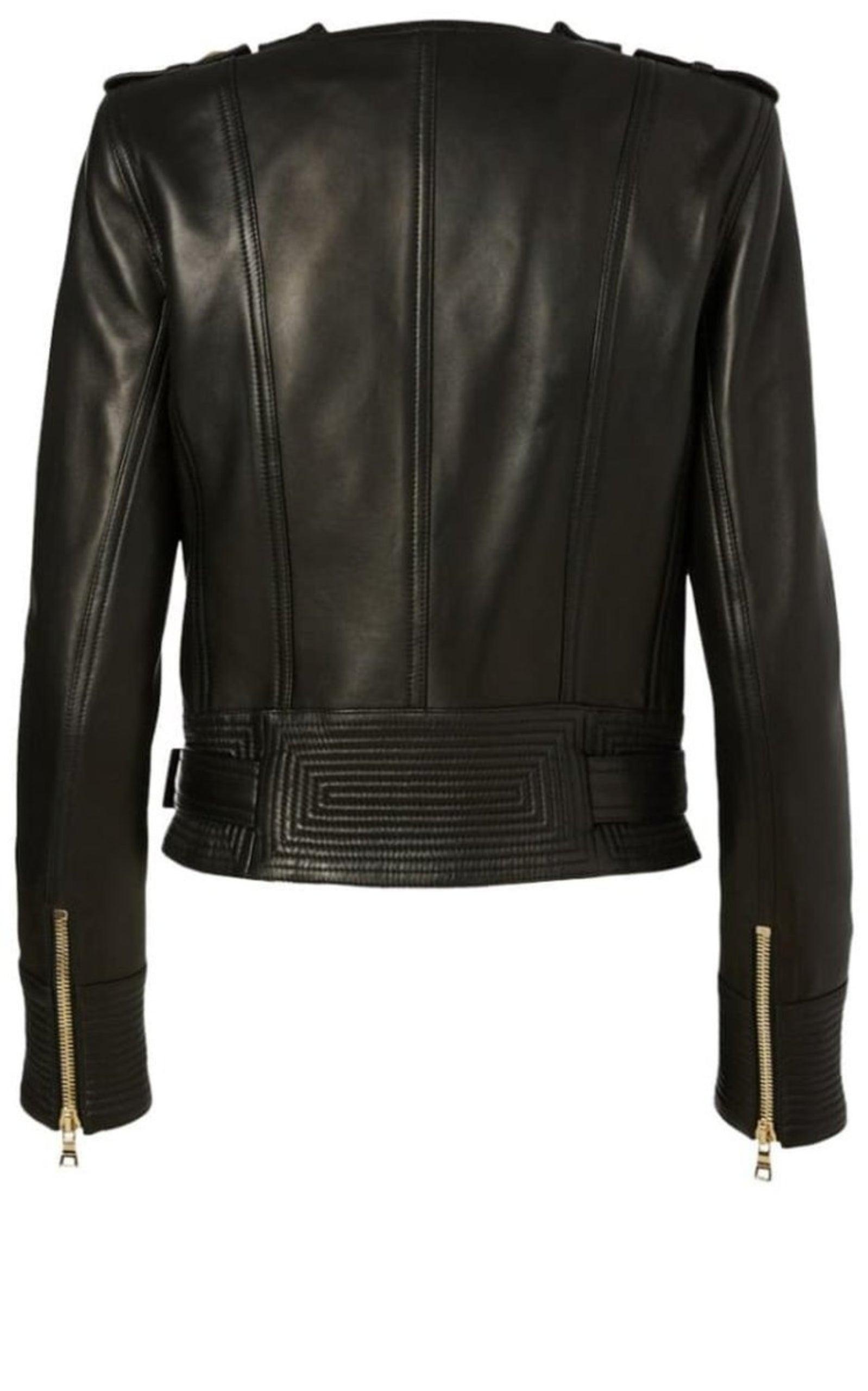 Black Buckle Belt Leather Jacket Balmain