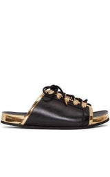 Black Gold Lace up Sliders Men Leather Sandals Balmain