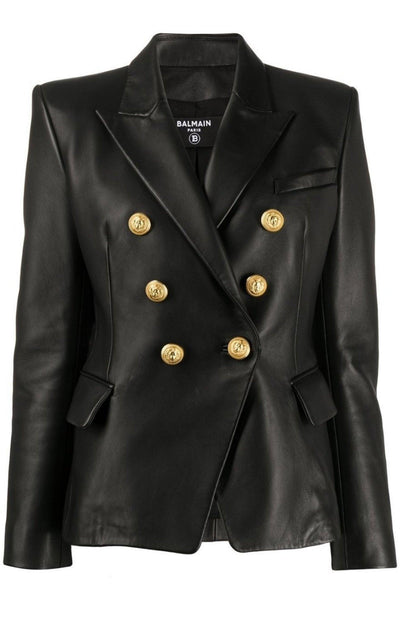 Black Leather Double-Breasted Blazer Balmain