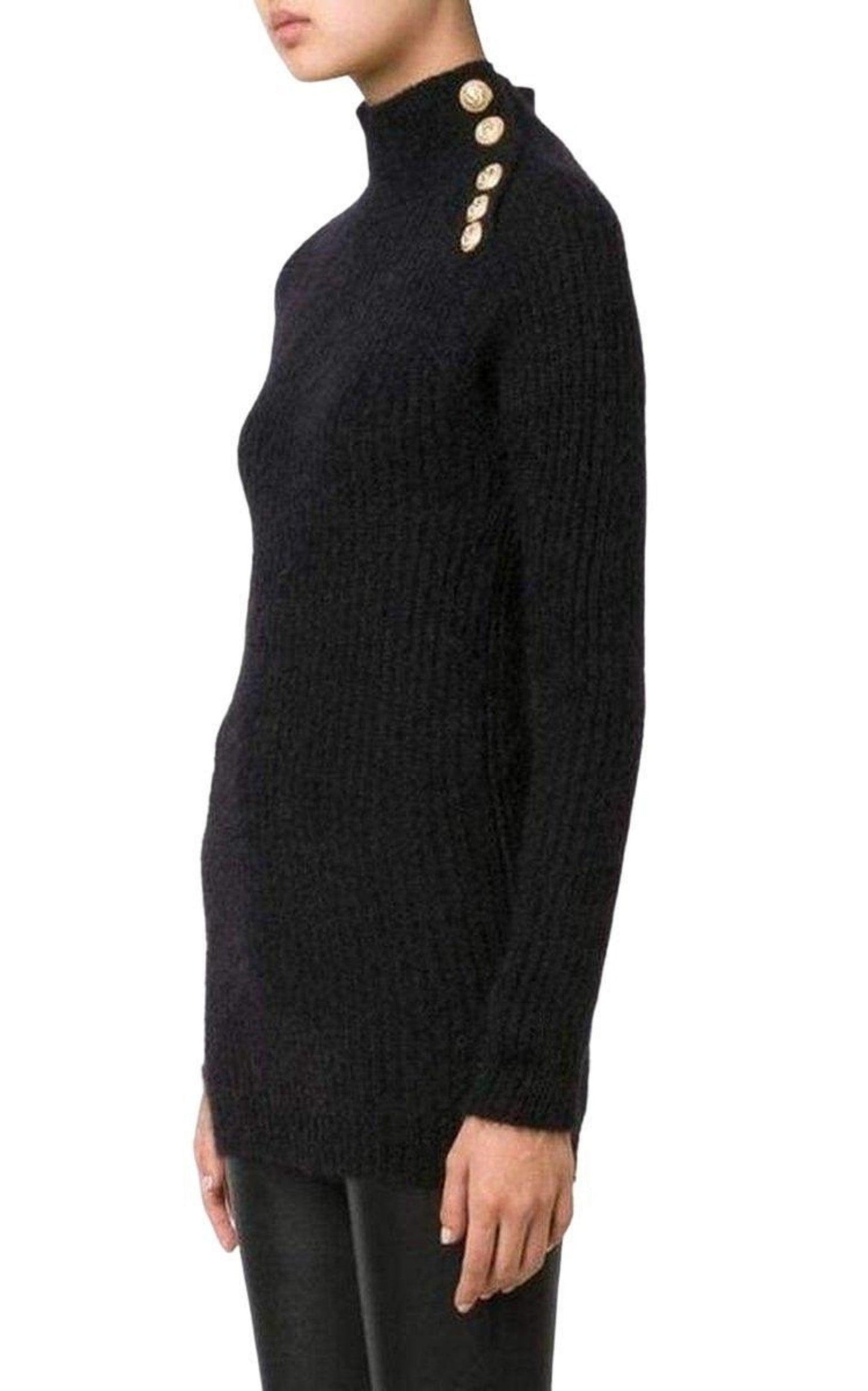 Black Mohair Wool Ribbed Turtleneck Sweater Balmain