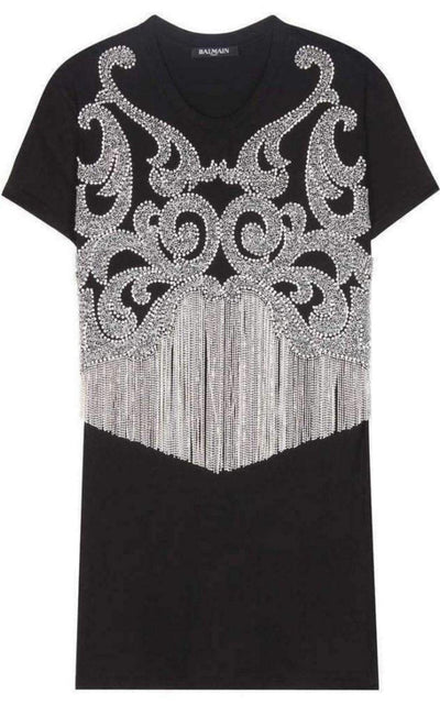 Crystal And Beads Fringe Black Cotton Shirt Balmain