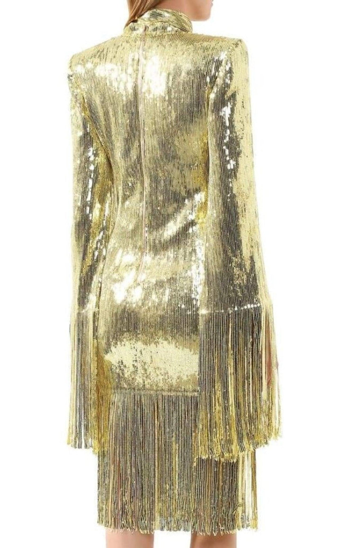 Fringed Gold Sequined Midi Dress Balmain