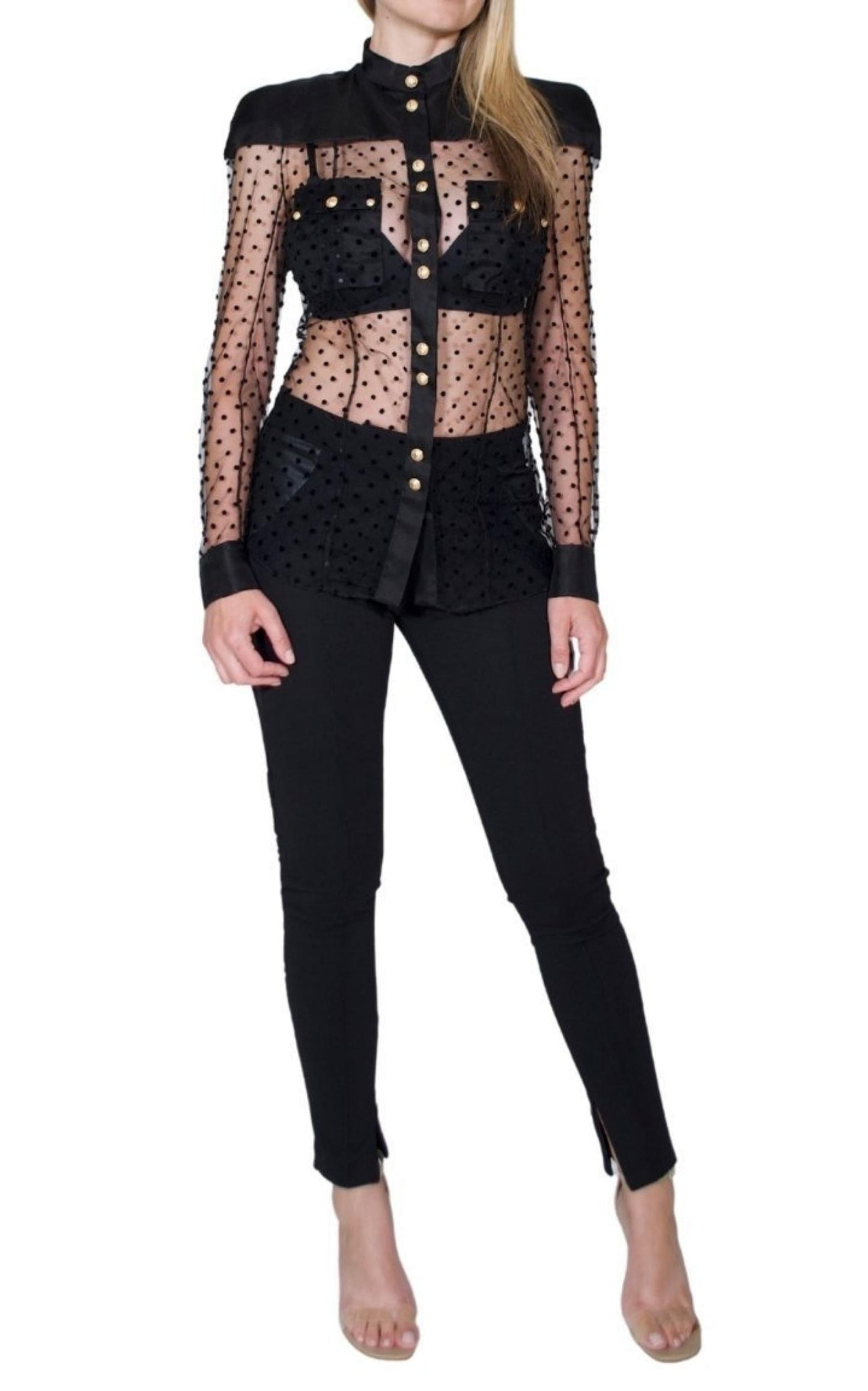 Long Sleeve Black Polka Dot Silk Shirt Balmain