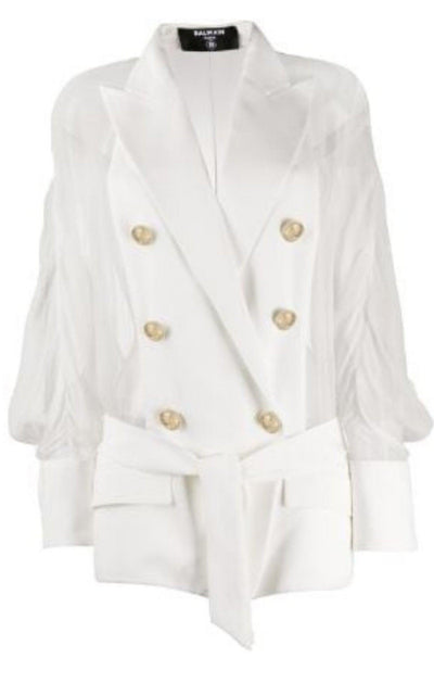 Sheer Panel Double-Breasted Silk Blazer Balmain