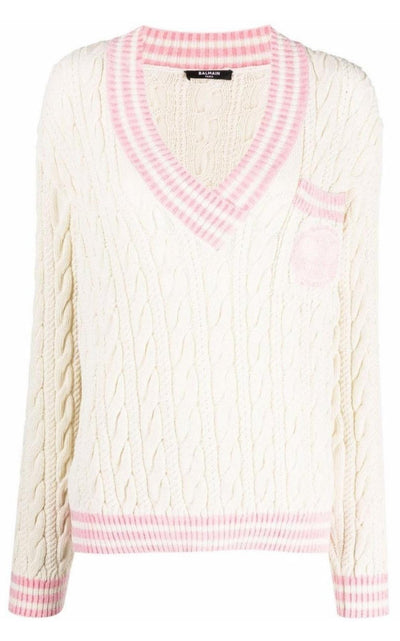 Wool-Blend Cable Knit Sweater With Patch Balmain