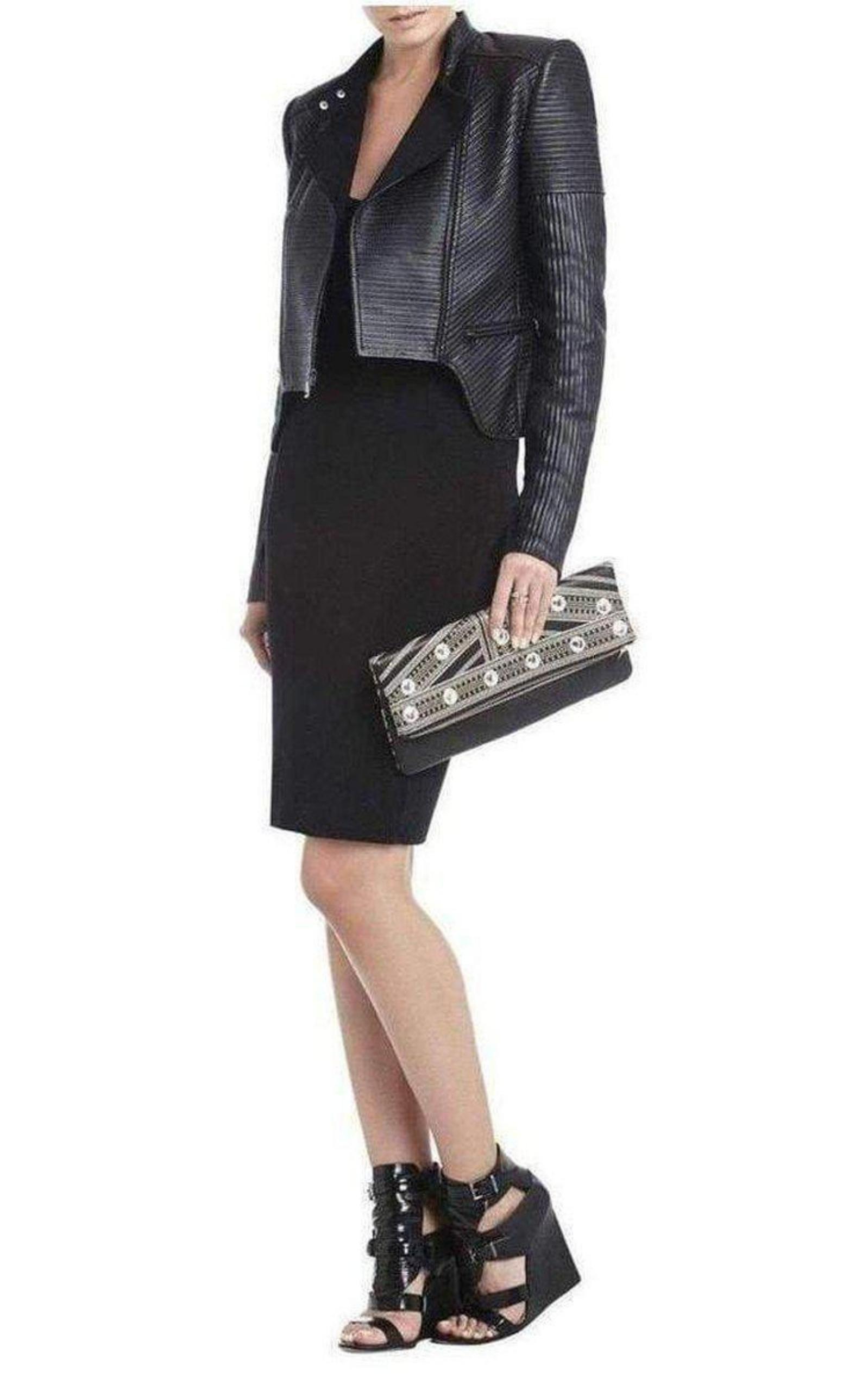 Black Leather Fold Over Clutch BCBGMAXAZRIA