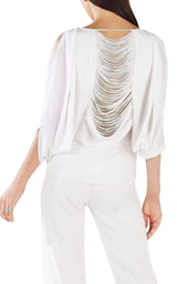 Kyleigh Fringe-Back Slit Sleeve Top BCBGMAXAZRIA