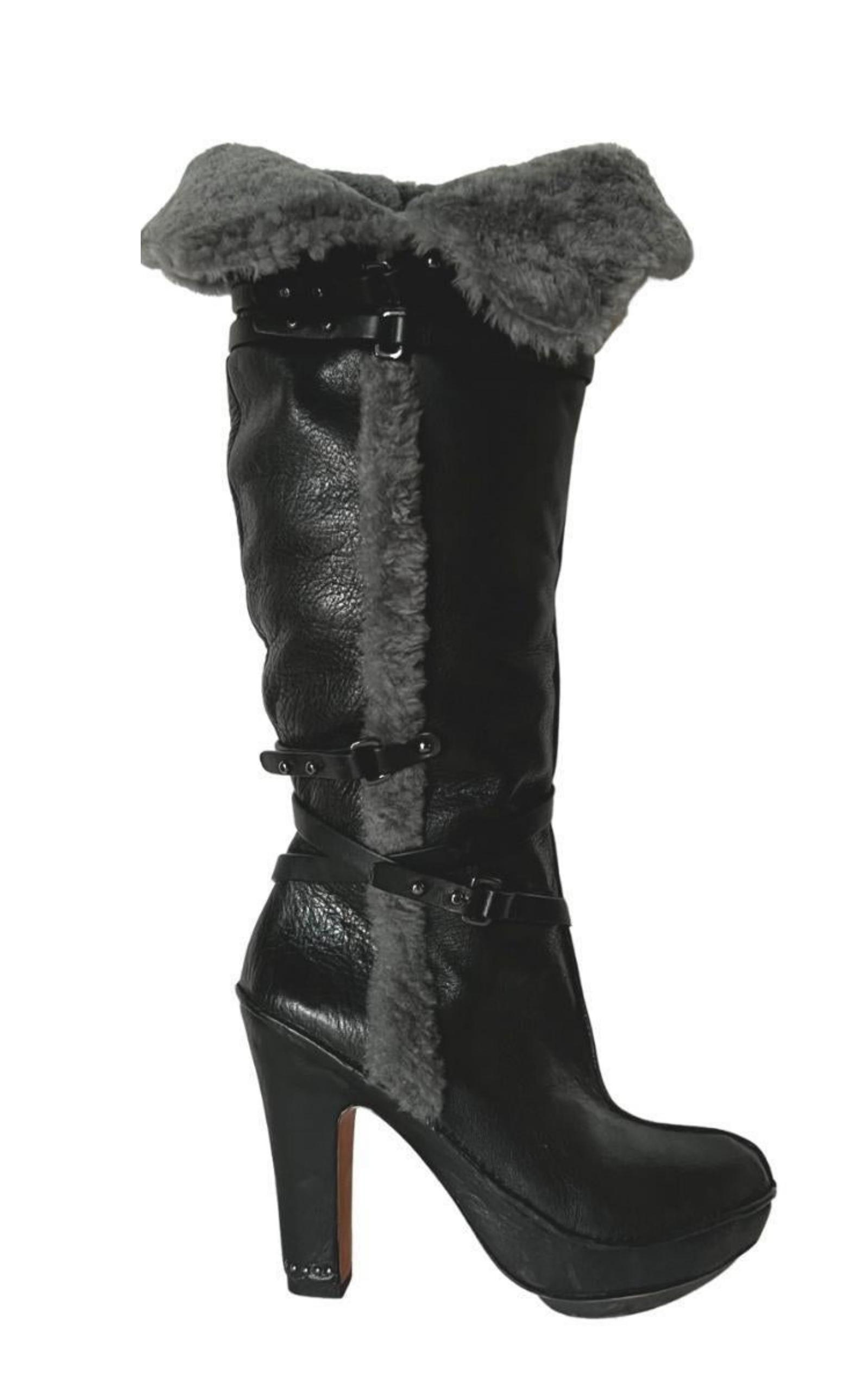 Molly Black Leather Boots with Shearling Lining BCBGMAXAZRIA