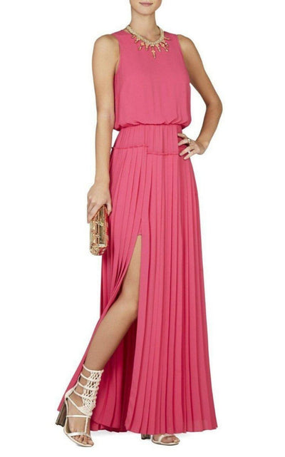 Pink Jenine High Split Pleated Skirt Maxi Dress BCBGMAXAZRIA