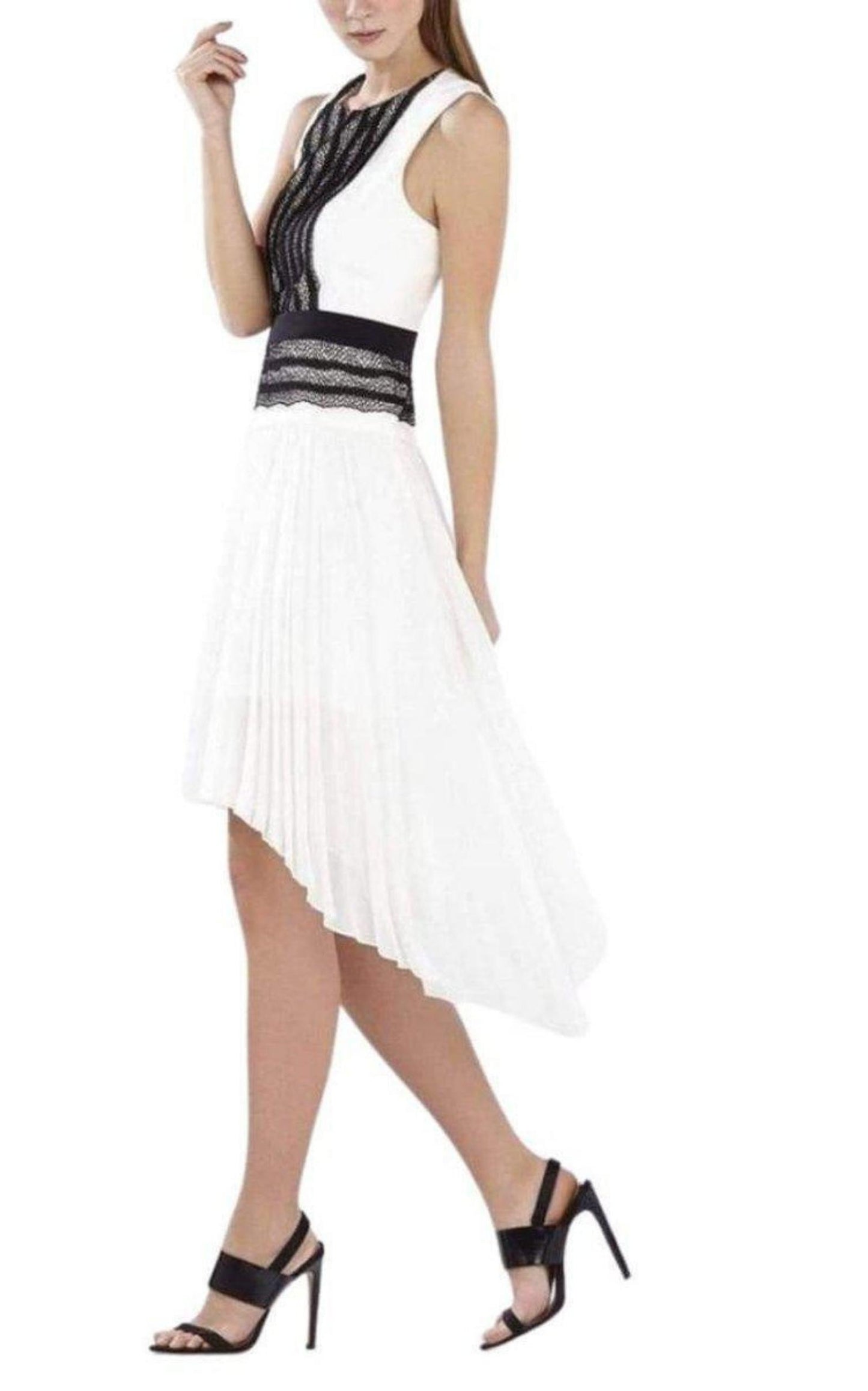 Sleeveless Pleated-Skirt Lace-Trim Dress BCBGMAXAZRIA