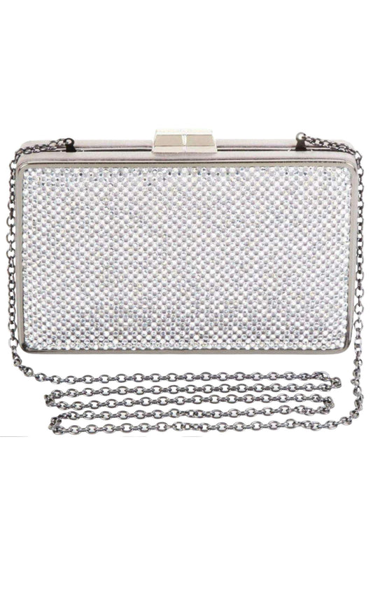 Sonia Silver Crystal Mesh Satin Frame Clutch BCBGMAXAZRIA