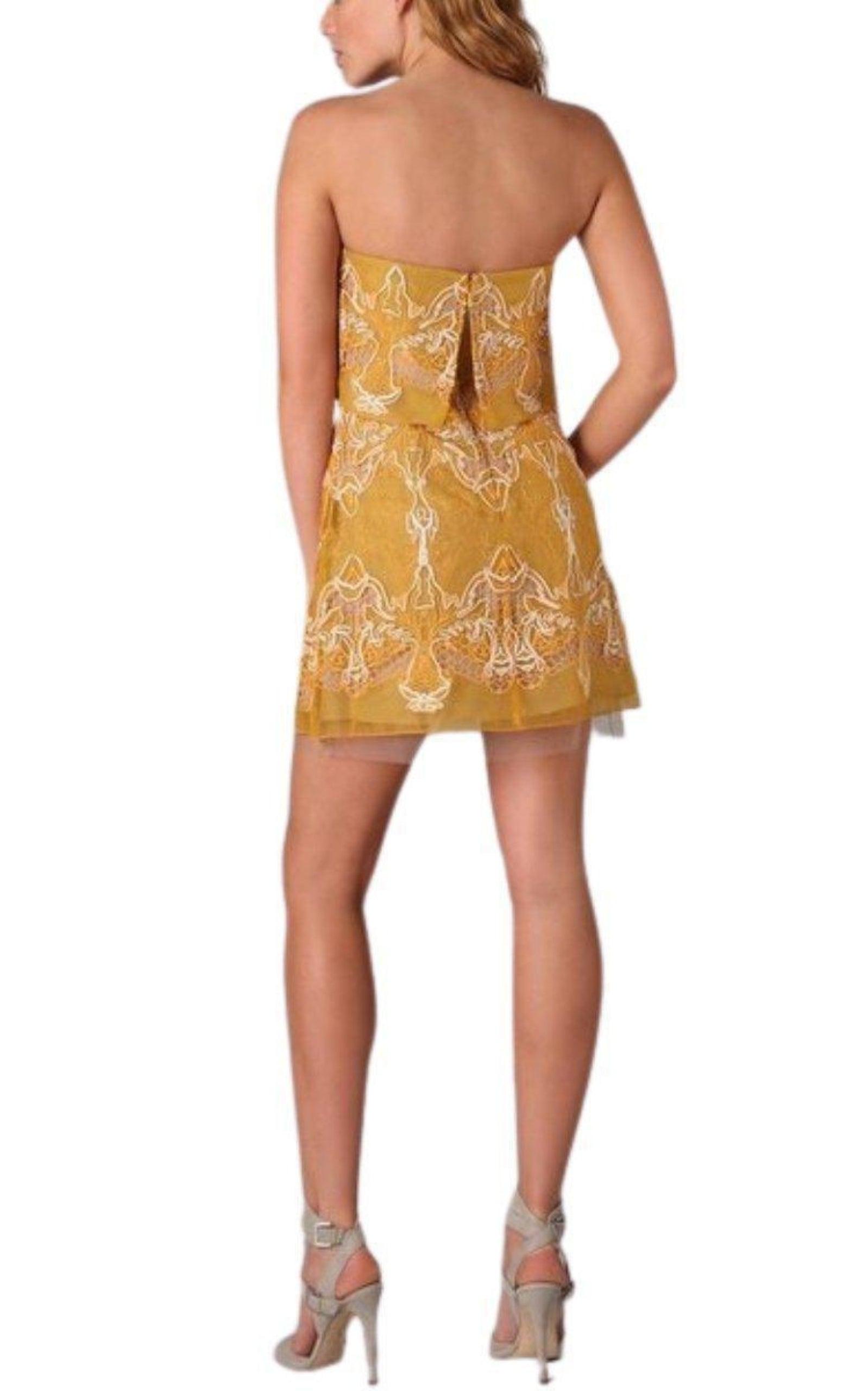 Strapless Yellow Lace Silk Dress BCBGMAXAZRIA