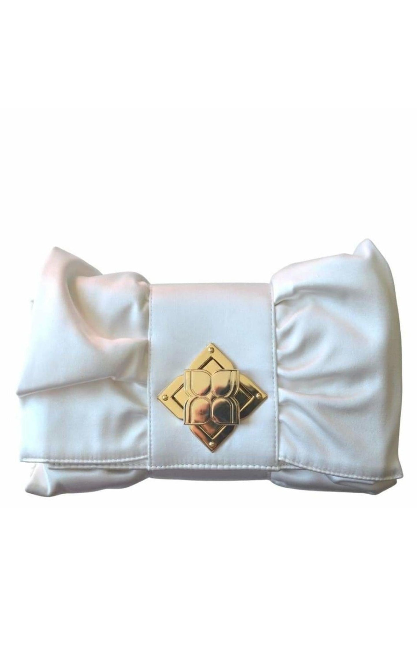 White Satin Signature Bow Ruffle Clutch BCBGMAXAZRIA