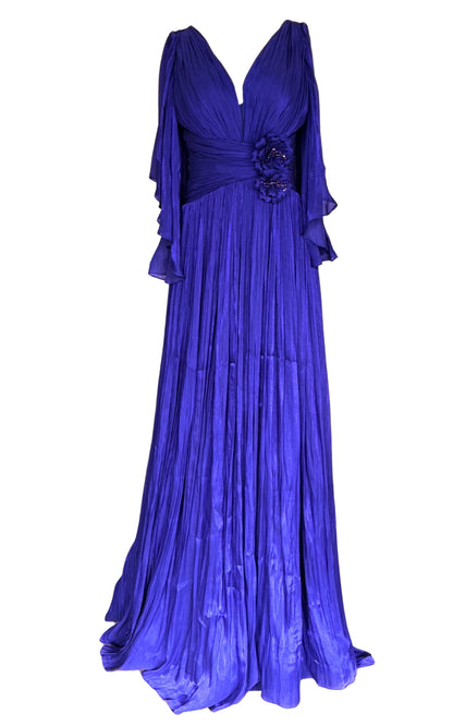 Cult Moda Elegant Chiffon Evening Dress Gown with Floral Brooch in Blue