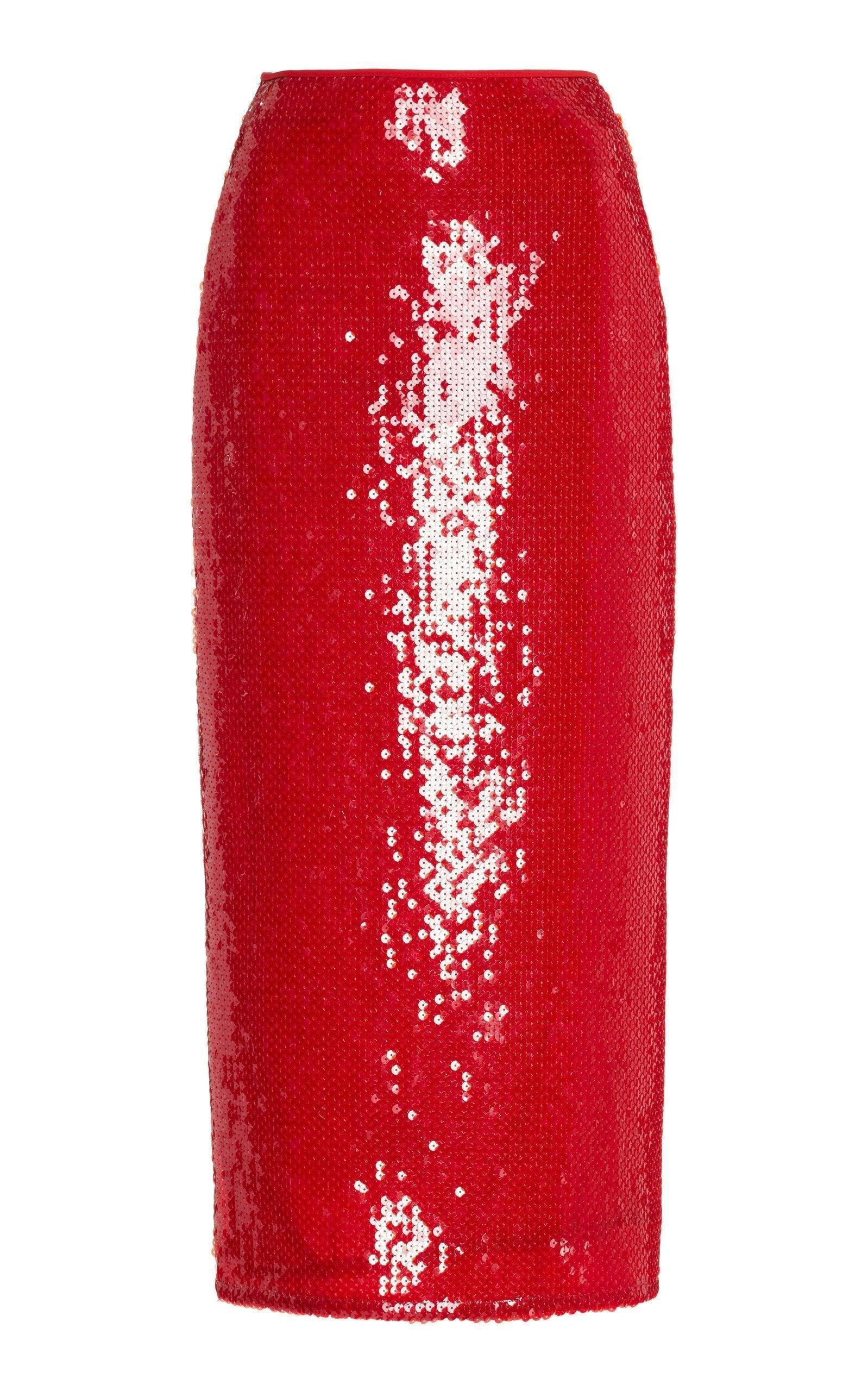  David KomaRed Sequinned Midi Skirt - Runway Catalog