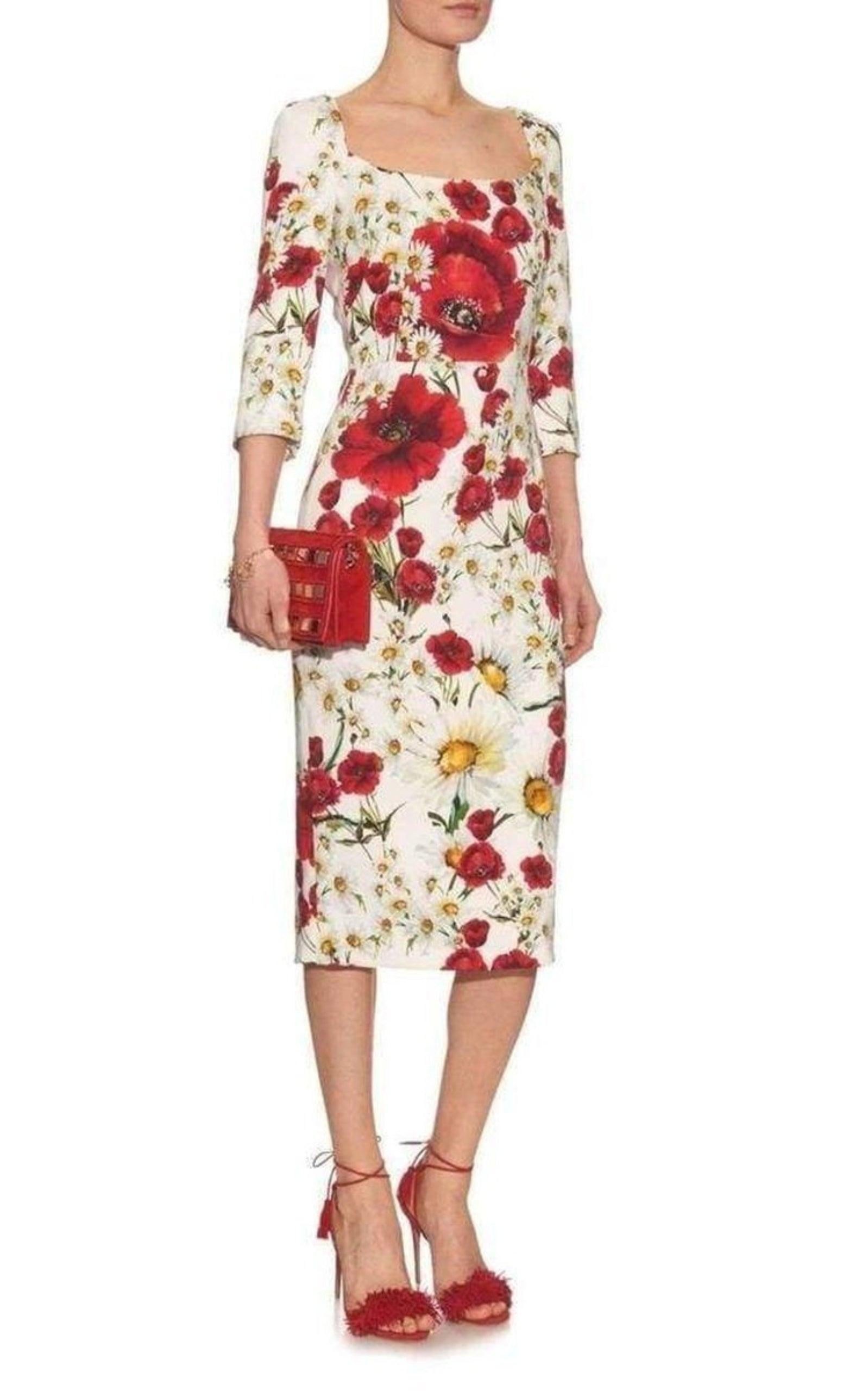 Daisy and Poppy Print Silk Blend Dress Dolce & Gabbana