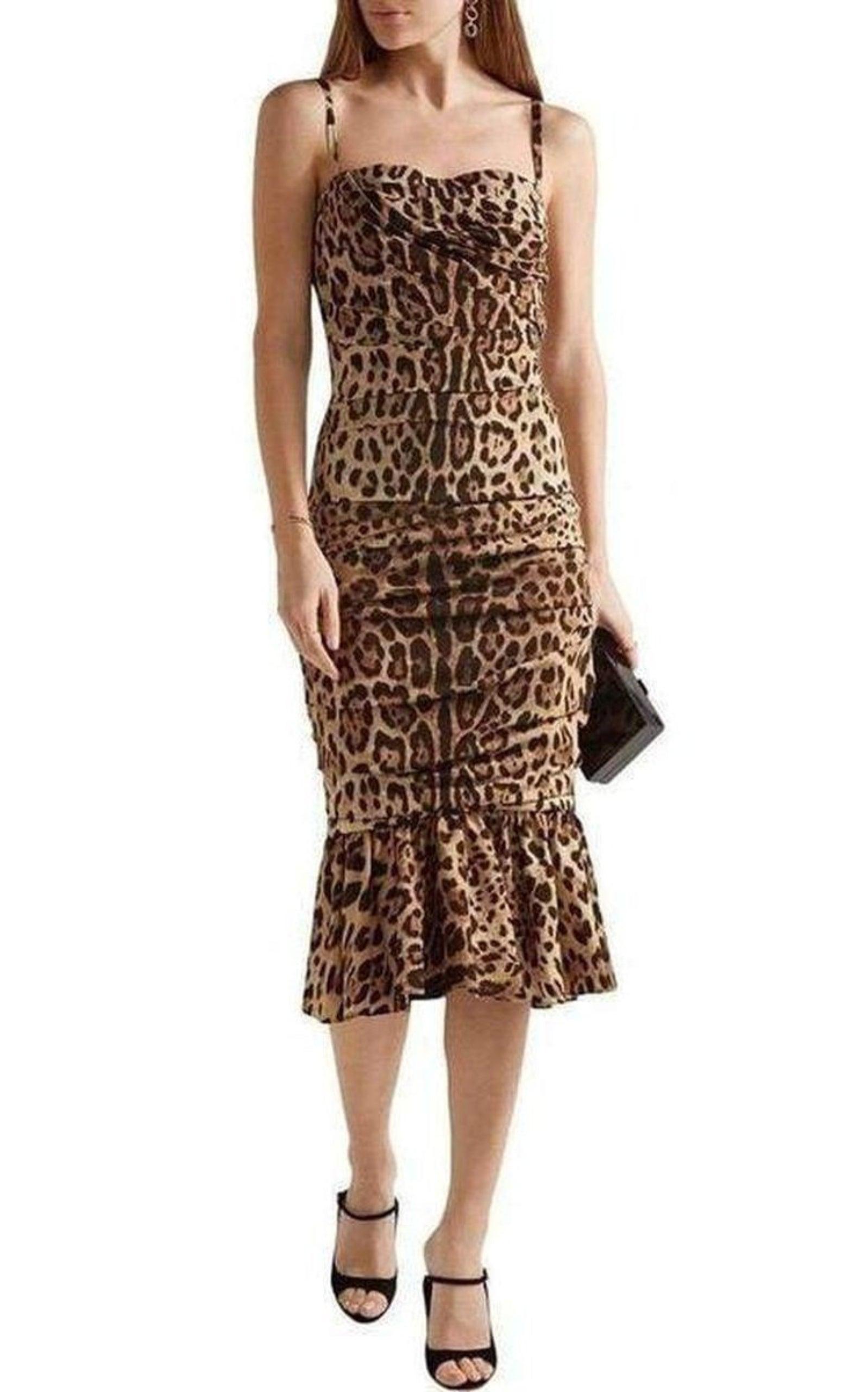 Ruched Leopard Print Silk Cady Midi Dress Dolce & Gabbana