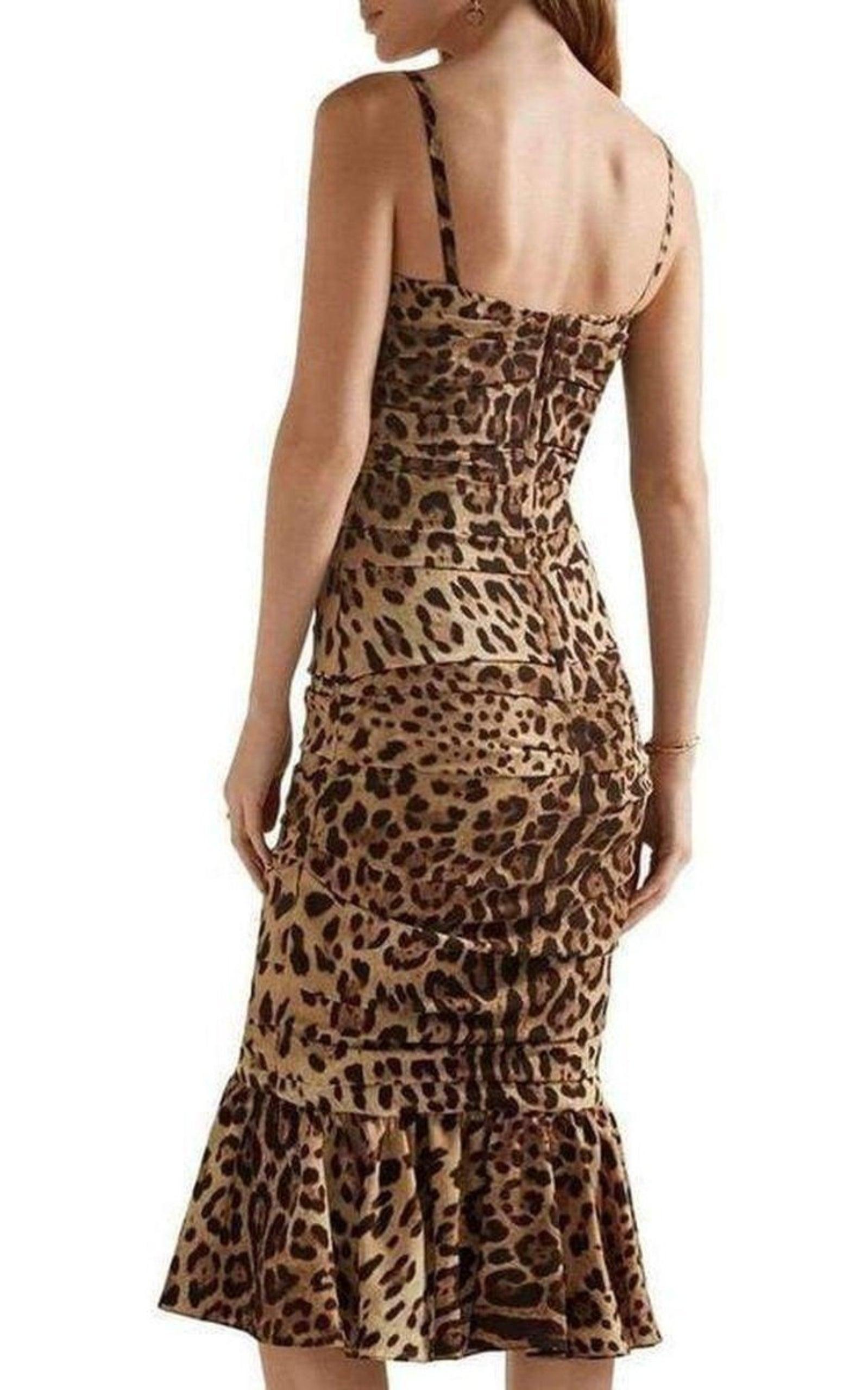 Ruched Leopard Print Silk Cady Midi Dress Dolce & Gabbana