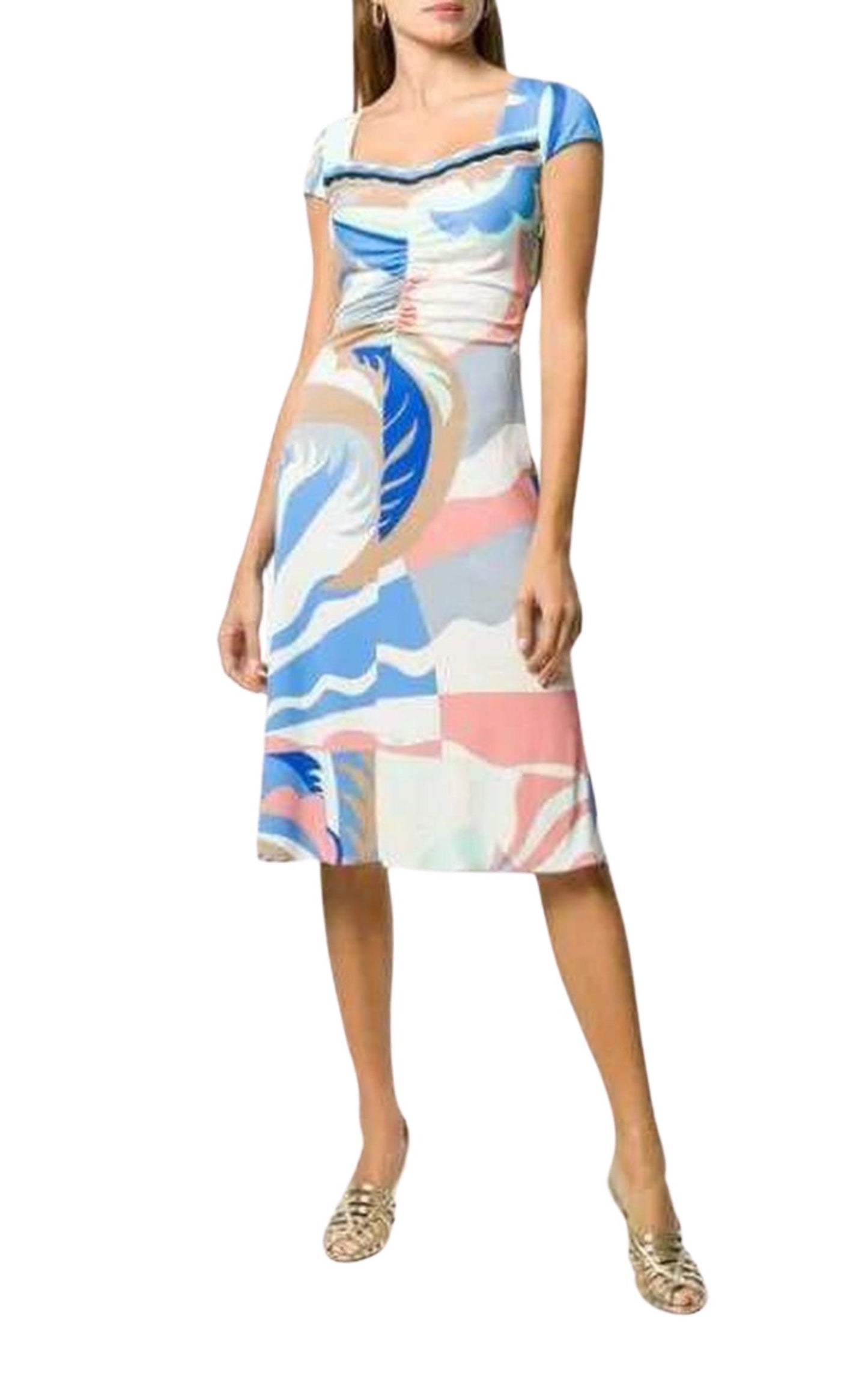 Emilio Pucci Blue Acapulco Print Gathered Silk Blend Dress