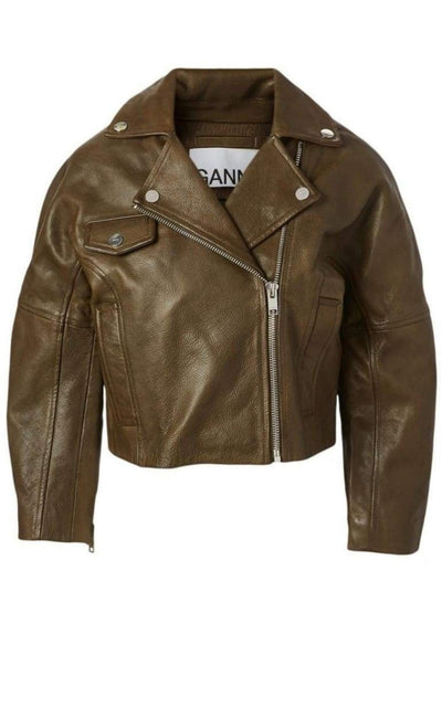 Leather Cropped Biker Jacket Ganni