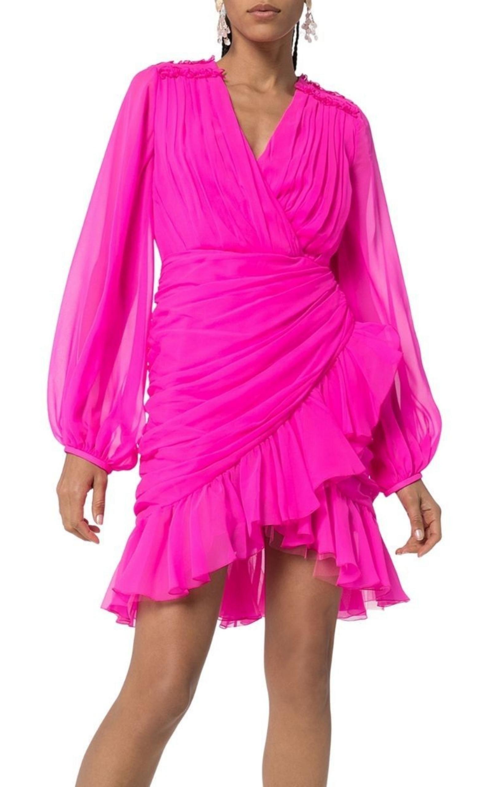 Ruched Neon Silk-Chiffon Mini Dress Giambattista Valli