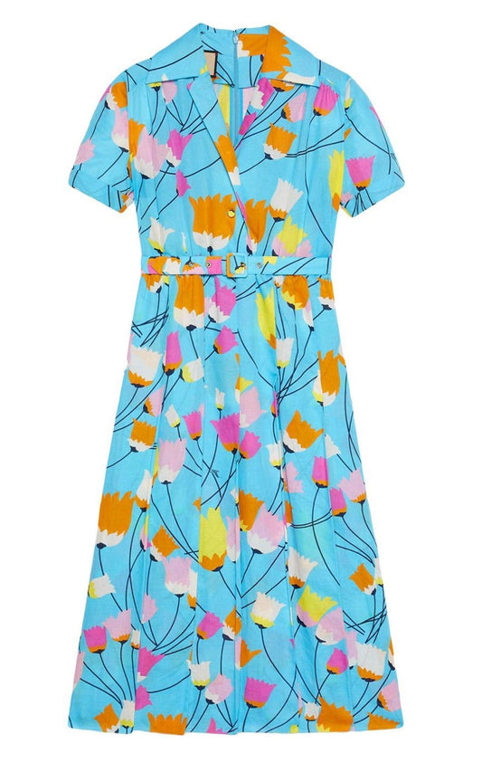 Blue Tulip Print Pleated Dress Gucci