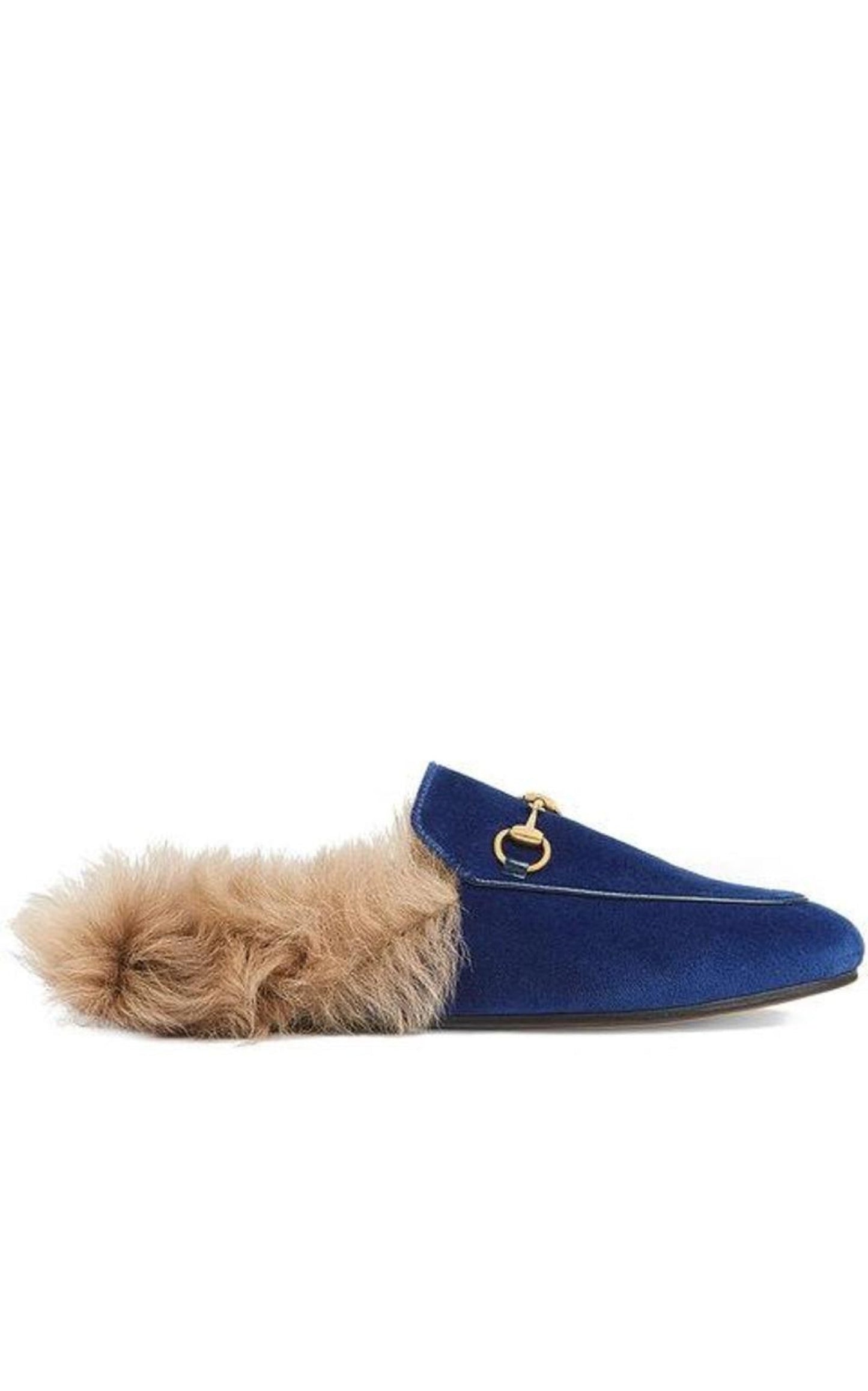 Blue Velvet & Fur Princetown Slippers Gucci