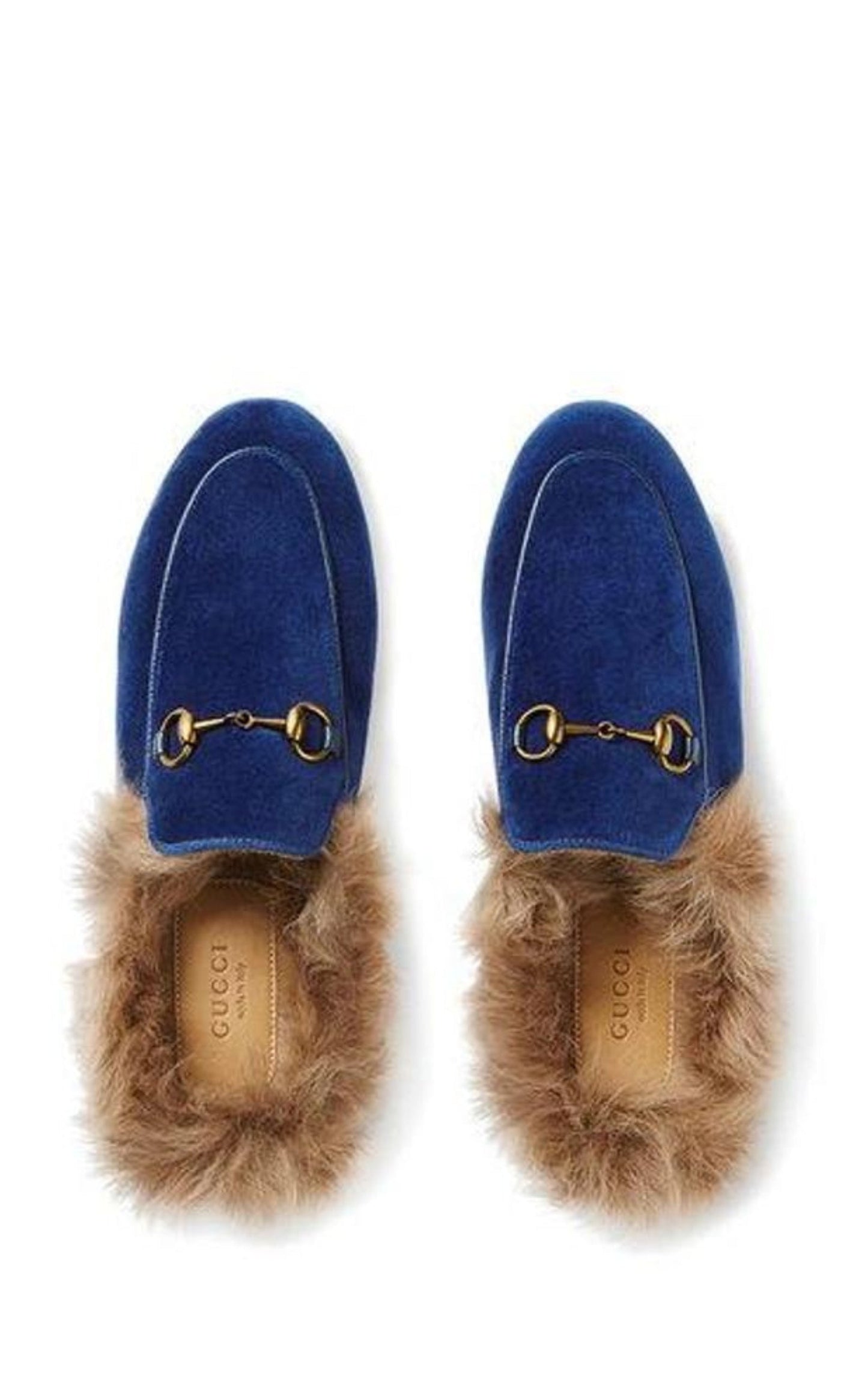 Blue Velvet & Fur Princetown Slippers Gucci