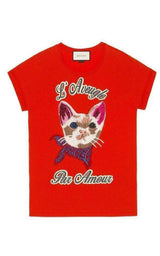 Cat Embroidered Cotton-Jersey T-shirt Gucci