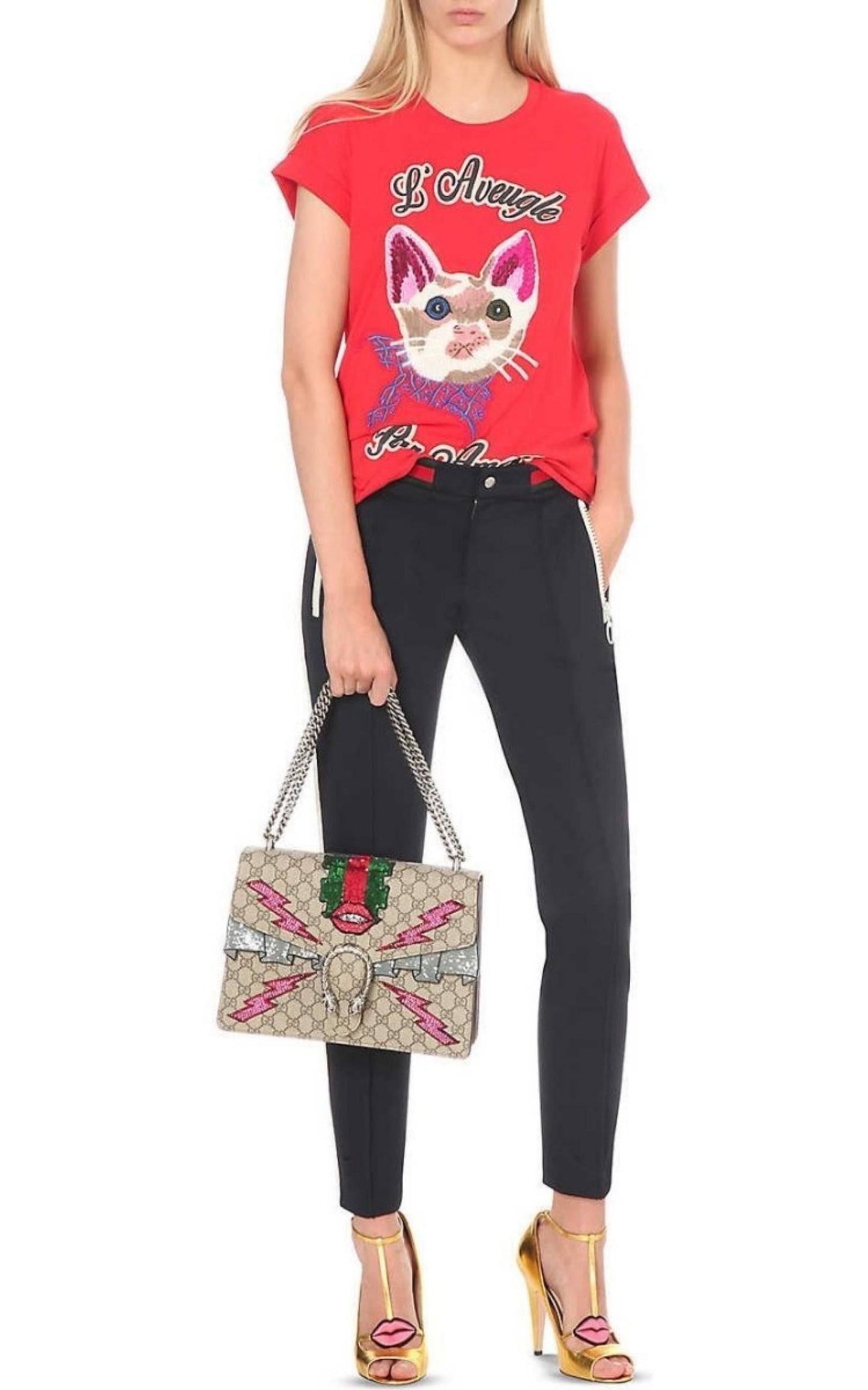 Cat Embroidered Cotton-Jersey T-shirt Gucci