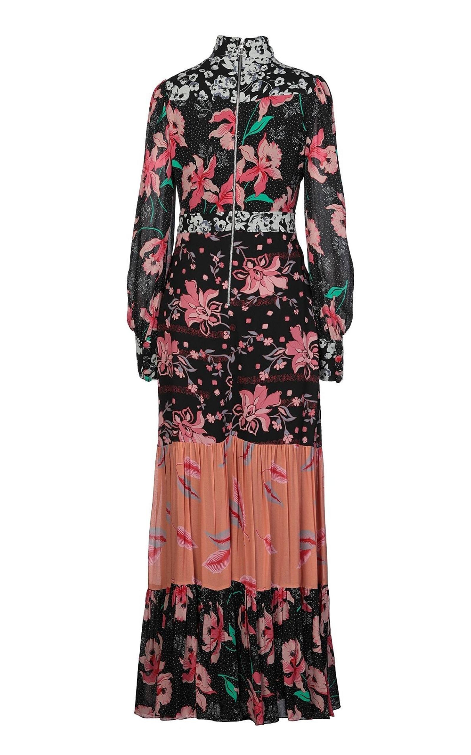 Floral Patchwork-Print Stand-Collar Crepe Dress Gucci