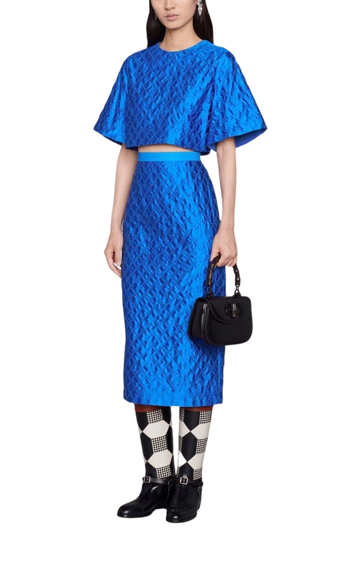 Gg Supreme Blue Silk Skirt Gucci