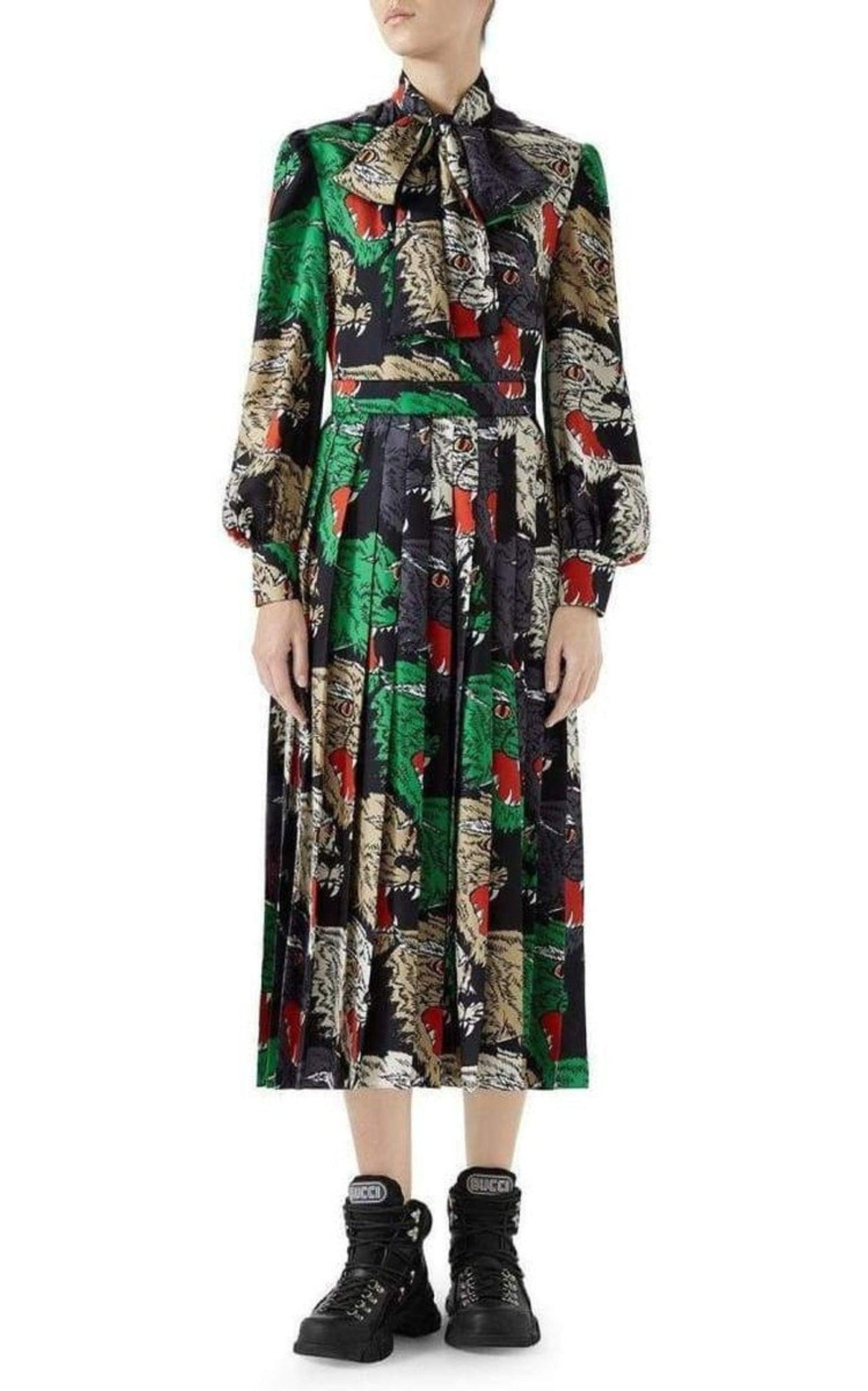 Pleated Rainbow-Panther Face Silk Twill Dress Gucci