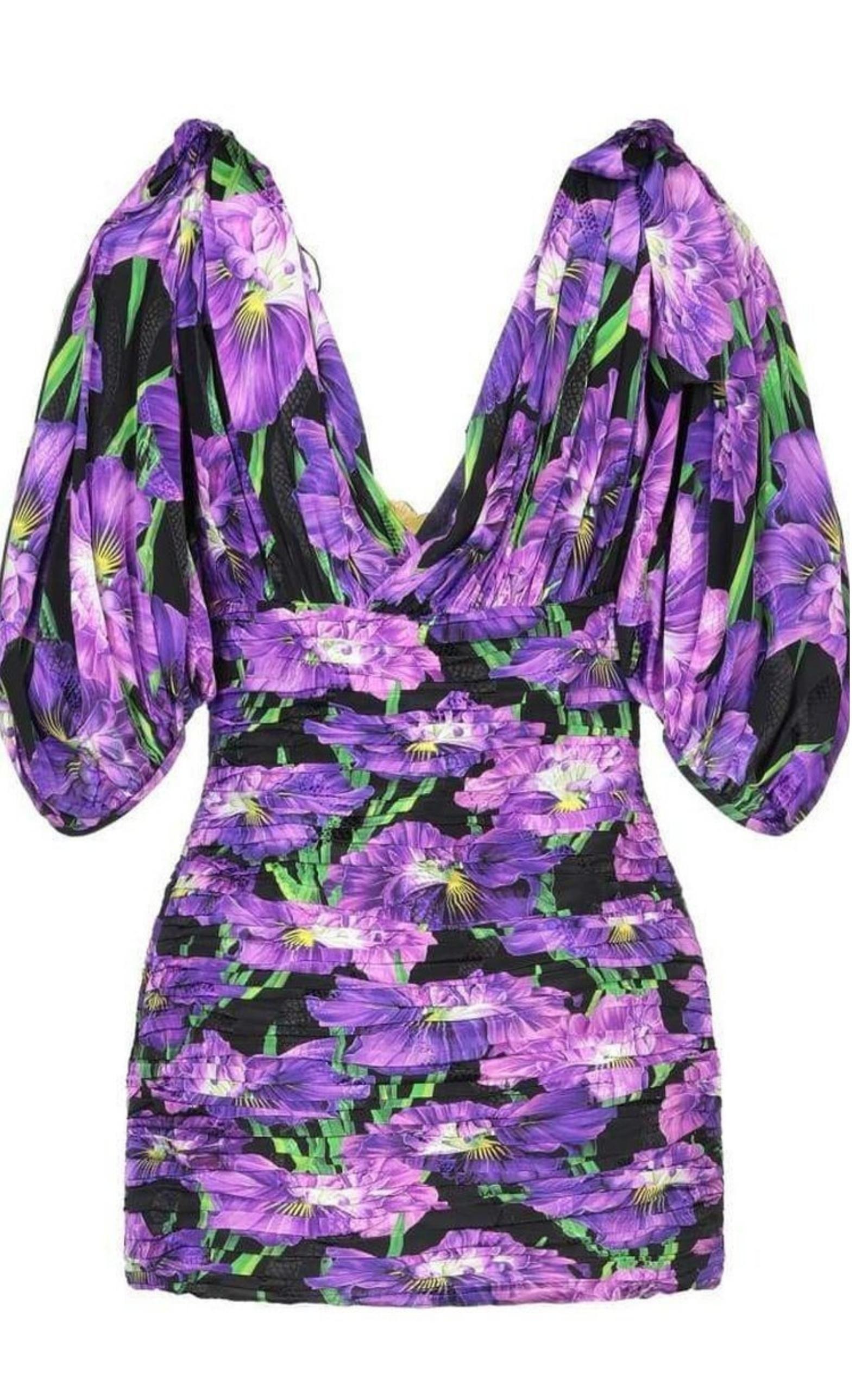 Purple Floral Pattern Silk Dress Gucci