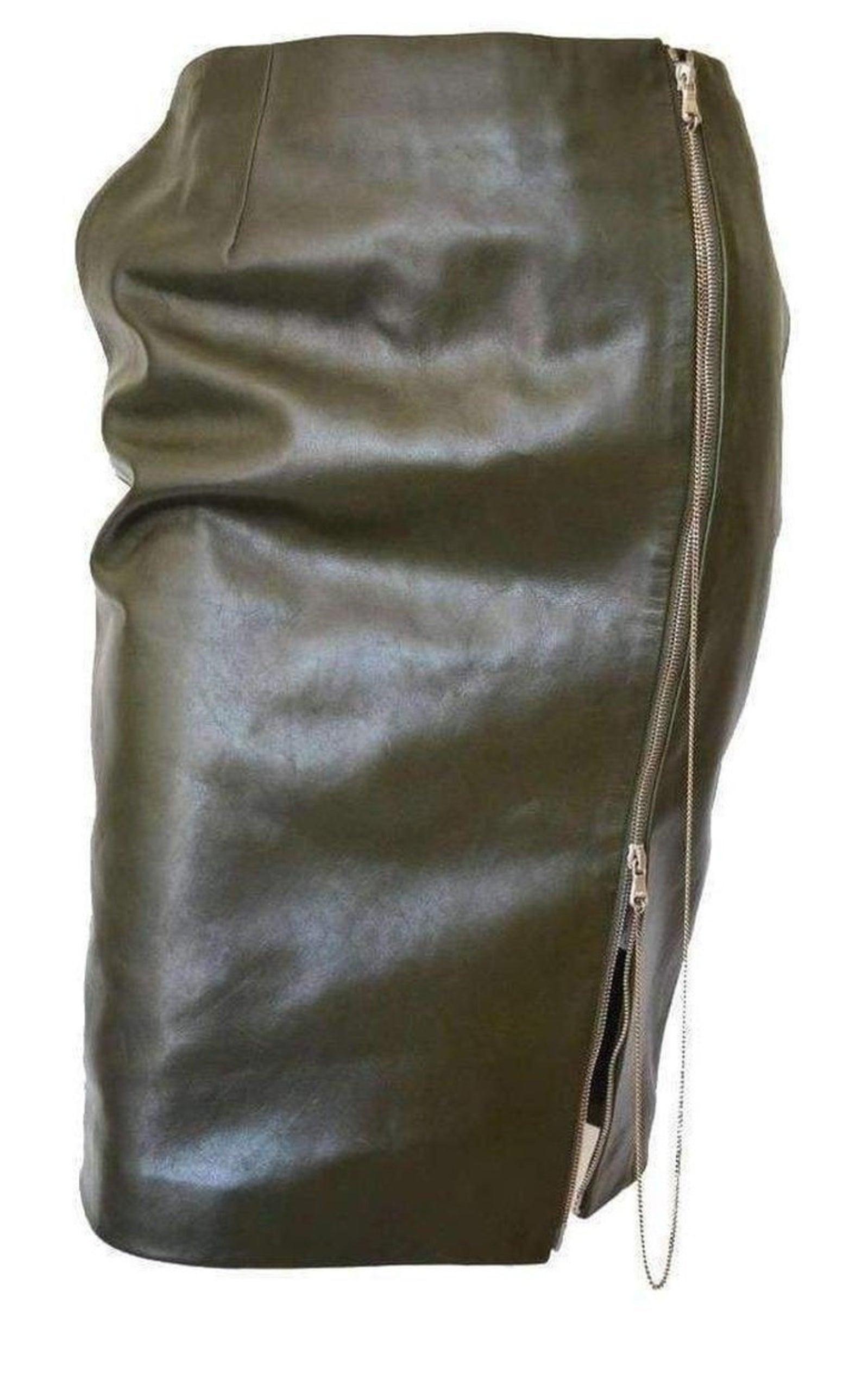 Dark Olive Green Front Zipper Leather Skirt Jean Paul Gaultier