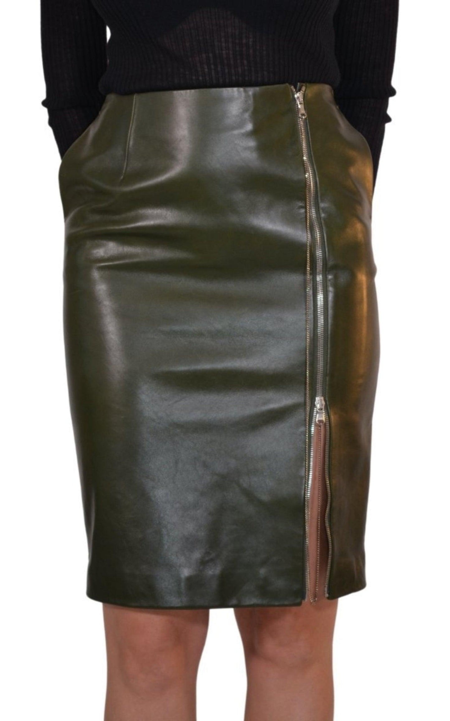 Dark Olive Green Front Zipper Leather Skirt Jean Paul Gaultier